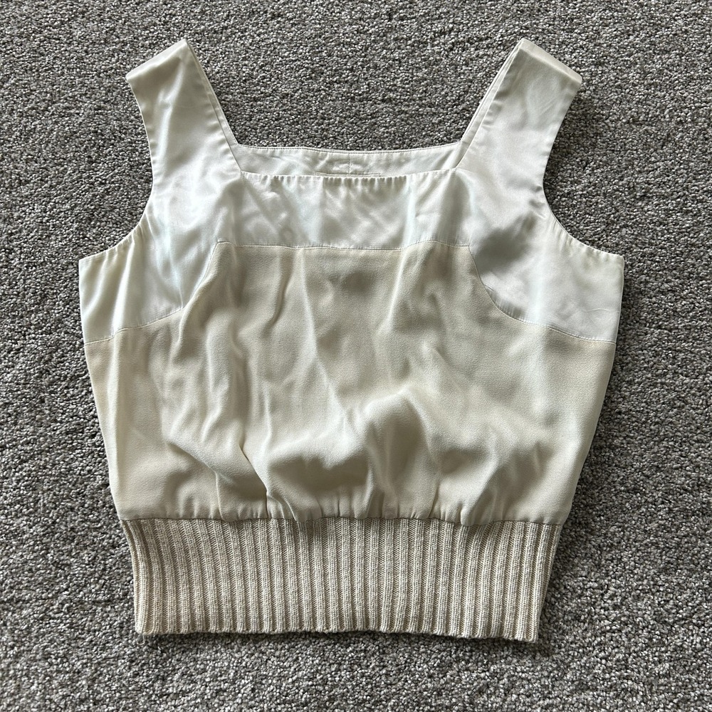 Vintage Caché Tank Top Women Medium White Satin Camisole Ribbed Knit Hem Cropped